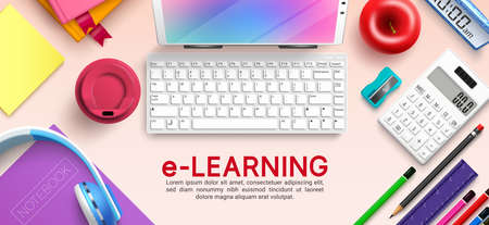 E-learning vector background design. Elearning text with online education elements of computer...