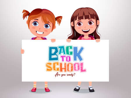 School girls character vector design. Back to school text in white board with female student in standing, showing and holding pose for educational friendly characters and messages. Vector illustrationのイラスト素材