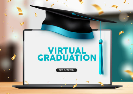 Online graduation vector concept design. Virtual graduation text in laptop screen with 3d mortarboard cap and confetti celebration elements for online video ceremony. Vector illustration.のイラスト素材