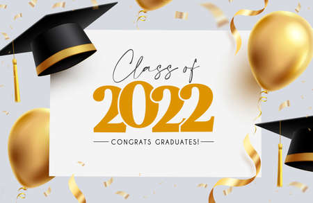 Graduation greeting vector template design. Congrats graduates text in white board space with 3d mortarboard cap, balloons and gold confetti for class of 2022 celebration messages. Vector illustrationのイラスト素材