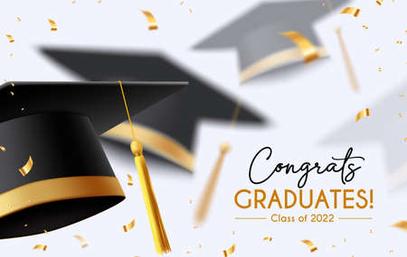 Graduation greeting vector background design. Congrats graduates text with 3d mortarboard cap and elegant gold confetti for graduation ceremony messages. Vector illustration.のイラスト素材