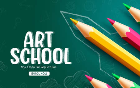 School art online registration vector design. Art school typography text in chalk board background with color pencil and sketch drawing elements for professional and creative learning.のイラスト素材