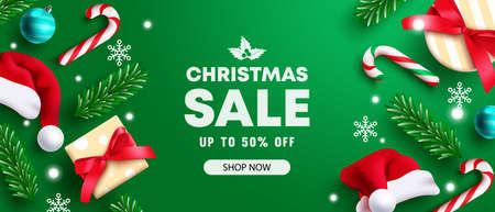 Christmas sale vector banner design. Christmas sale text in seasonal holiday discount offer with gifts shopping elements for xmas shop promotion ads. Vector illustration.のイラスト素材