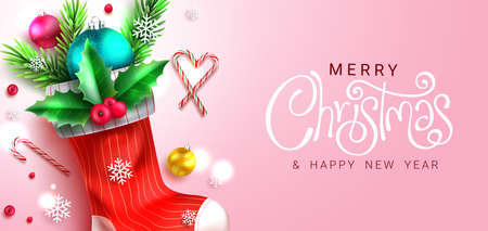 Christmas holiday greeting vector design. Merry christmas text with xmas stockings in stripes pattern and pink background for celebration messages. Vector illustration.のイラスト素材
