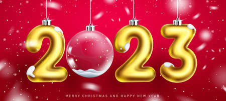 Christmas celebration number vector design. 2023 new year hanging decoration with gold elegant color in red background for celebrating holiday season. Vector illustration.のイラスト素材