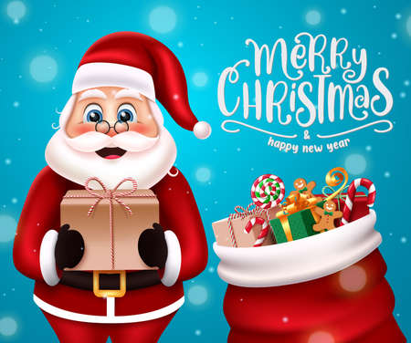 Christmas santa vector design, Merry christmas greeting text with santa character holding gift for xmas holiday season gift giving. Vector illustration.のイラスト素材