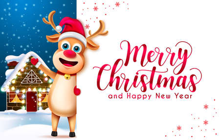 Christmas reindeer vector template design. Merry christmas text in white empty space with cute reindeer character waving in background for holiday season greeting card design.のイラスト素材