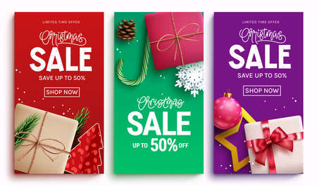 Christmas sale vector poster set. Christmas sale text in limited time offer discount with colorful xmas seasonal element for holiday shopping promo. Vector illustration.