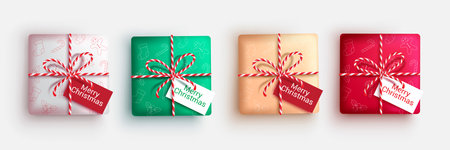Christmas gifts vector set design. Christmas gift boxes with xmas pattern, twine ribbon and merry christmas greeting card for holiday season gifts collection design.のイラスト素材