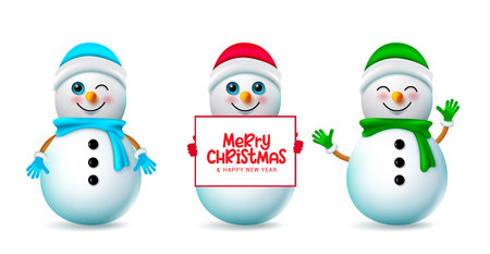 Christmas snowman character vector set. Christmas snow man characters standing pose and gestures holding white board in cute facial expression for xmas holiday collection.のイラスト素材