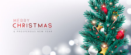 Christmas greeting vector design. Merry christmas text with garland, balls and ornaments decoration in white background for holiday season card. Vector illustration.のイラスト素材