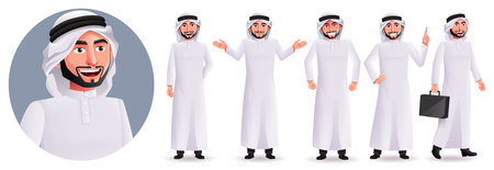 Arab business man vector character set. Arabian male characters with standing pose and friendly gestures for emirates people collection design. Vector illustration.のイラスト素材