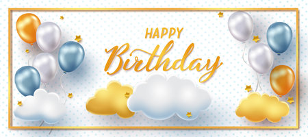 Birthday vector banner design. Happy birthday text in gold frame with balloons and clouds element for birth day celebration messages. Vector illustration.のイラスト素材