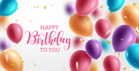 Birthday greeting background vector design. Happy birthday to you text in white space with colorful flying balloons element for birth day party banner. Vector illustration.のイラスト素材
