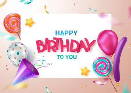 Birthday vector template design. Happy birthday text in white board space with surprise elements of balloons and lollipop for birth day party messages. Vector illustration.のイラスト素材