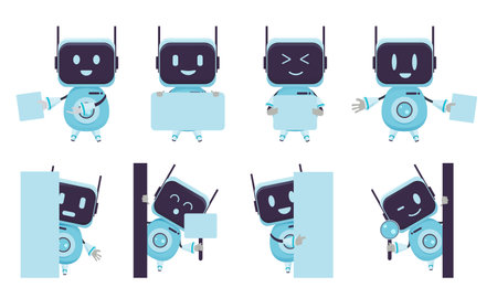 Robot presentation characters vector set. Robotic chat bot character with presenting and showing gestures for robots collection design. Vector illustration.のイラスト素材