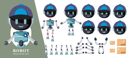 Robots creation kit vector set design. Robot body and head creator character with delivery cap and boxes elements for editable courier service rider. Vector illustration.のイラスト素材