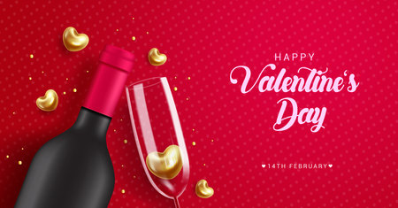 Happy valentine's day vector design background. Valentine's day text with wine bottle and glass elements for romantic greeting card. Vector Illustration.のイラスト素材