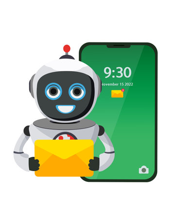 Robot mail vector design character. Mobile phone email and notification reminder for smartphone online apps. Vector Illustration.のイラスト素材