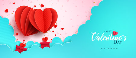 Happy valentine's day text vector design. Valentine's day paper cut heart floating in blue sky for hearts day background. Vector Illustration.のイラスト素材
