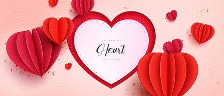 Valentine's day vector background design. Heart text in empty space with floating paper cut hearts elements for valentine's greeting card. Vector Illustration.のイラスト素材