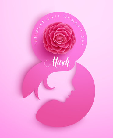 Women's day march 8 vector design. Women's day international text with number eight shape and woman side face elements in pink background. Vector Illustration.のイラスト素材