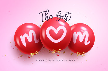 Mother's day balloons vector design. The best mom text in red inflatable balloon for mummy and women celebration in pink background. Vector Illustration.のイラスト素材