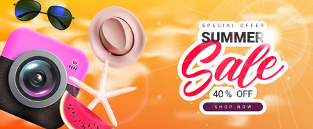 Summer sale vector design. Summer sale with special offer up to 40% off discount for banner flyers,...