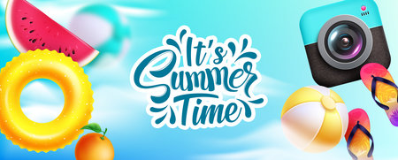 Summer time vector design. It's summer time text with beach elements like camera and lifebuoy in sky background. Vector illustration summer time background.のイラスト素材