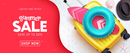 Summer sale banner design. Summer sale save up to 50% off promo for flyer and brochure. Vector illustration summer holiday ads.のイラスト素材