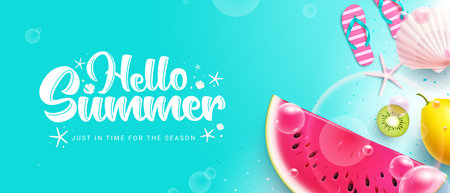 Hello summer vector background. Hello summer greeting text with fruits element like watermelon, lemon and kiwi. Vector illustration summer greeting.のイラスト素材