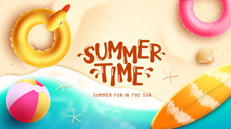 Summer time vector design. Summer time text in sea background with beach element. Vector illustration summer holidays background.のイラスト素材