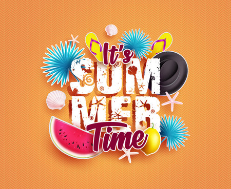 Summer time vector design. Summer time greeting text with paper cut elements in seasonal background. Vector illustration summer time greeting.のイラスト素材