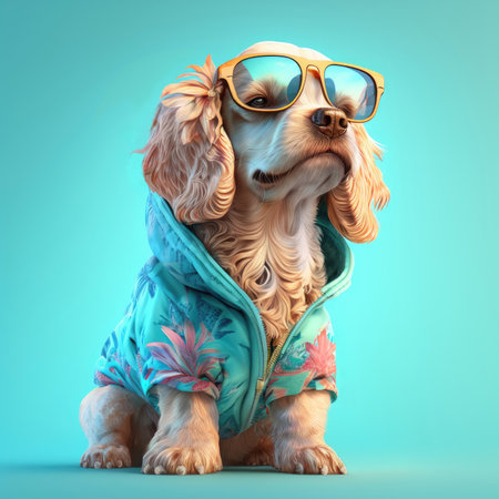 King charles spaniel dog in summer outfit. Cavalier king charles spaniel dog wearing hoodie jacket for summer season photograph. Generative AI.の素材