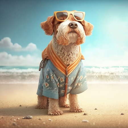 Poodle dog in fashionable summer clothes. Summer dog poodle breed animal wearing cute attire in beach tropical season background. Generative AI.の素材