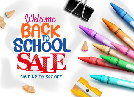 Back to school sale vector design. Back to school sale save up to 50% off text with student supplies in background. Vector illustration back to school sale background.のイラスト素材