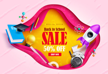 Back to school vector sale banner. Back to school sale text with promo discount special offer for educational items and supplies. Vector illustration promotion flyers design.のイラスト素材