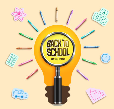Back to school vector design. Back to school text in light bulb element for student class studying and learning concept. Vector illustration educational design.のイラスト素材