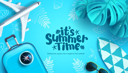 Summer time text vector design. It's summer time with travel vacation and outdoor beach elements. Vector illustration in blue background.のイラスト素材