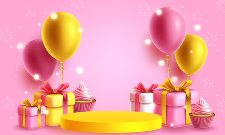 Birthday podium vector background design. Happy birthday invitation card with balloons, gifts and cup cake elements  decoration. Vector illustration in pink background.のイラスト素材