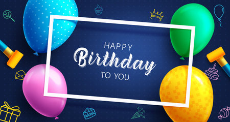 Happy birthday text vector design. Birthday colorful party balloons and surprise elements. Vector illustration greeting card.のイラスト素材