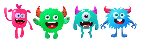 Monster set vector design. Cartoon monster with happy, smiling and cute face in white isolated background. Vector illustration character collection.のイラスト素材