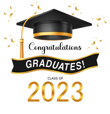 Congratulations greeting text vector design. Class of 2023 graduates on black ribbon with isolated mortarboard cap and confetti background. Vector illustration of batch 2023のイラスト素材