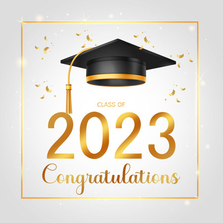 Congratulations greeting text vector design. Graduation cap with border and confetti in gold frame border. Vector illustration for graduates of batch 2023.のイラスト素材
