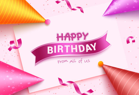 Happy birthday text vector design. Birthday greeting on white paper with glossy and realistic party hat background. Vector illustration for kids birthday party.のイラスト素材