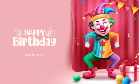 Happy birthday text vector design. Birthday clown character in standing pose for party event celebration with happy facial expression. Vector illustration greeting card background.のイラスト素材