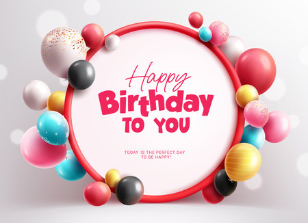 Happy birthday text vector template design. Birthday typography in white frame circle space with bunch of colorful party balloons decoration. Vector illustration greetingのイラスト素材