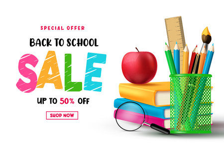Back to school sale vector banner design. School special offer text in white space with educational elements and supplies. Vector illustration for education seasonal promo ads.のイラスト素材
