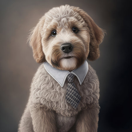 Dog poodle portrait generative ai. Poodle and golden retriever puppy breed wearing school uniform and stylish neck tie for photoshoot. Generative AI.の素材