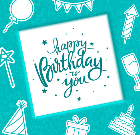 Happy birthday text vector template design. Birthday lettering, font and calligraphy in white board space with paper cut elements. Vector illustration invitation card in doodleのイラスト素材